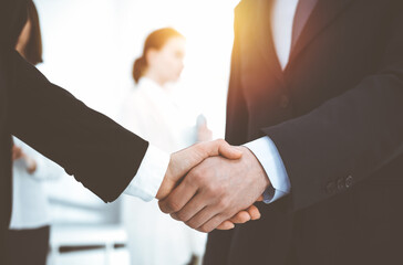 Businessman and woman shaking hands with colleagues at the background. Handshake at meeting in sunny office