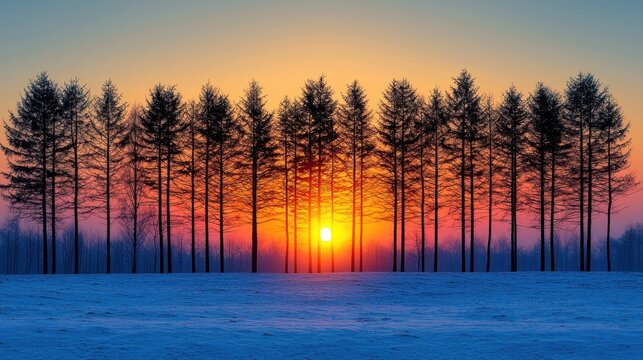 Serene winter sunset behind a row of pine trees, casting vibrant colors across the snowy landscape