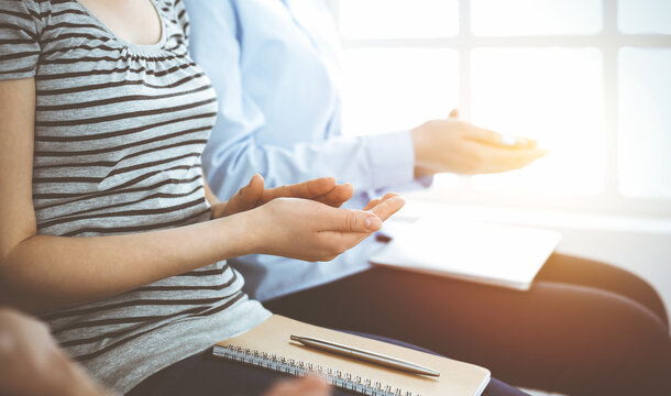 Business people clapping at meeting or conference, close-up of hands. Group of unknown businessmen and women in sunny office