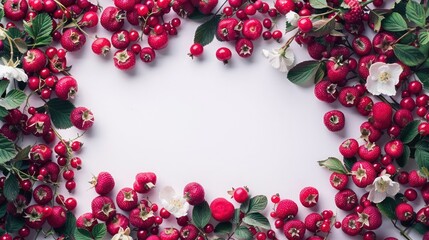 Obraz premium A vibrant arrangement of red fruits and flowers on a white background.