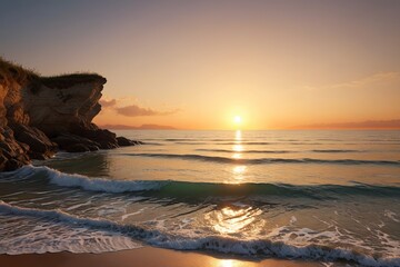 Naklejka premium sunset over the ocean with waves crashing on the shore
