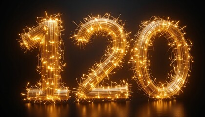 Sparkling 120: Glowing Number Celebration Design, Festive Lights, Golden Illumination, Abstract Art, Bright Digit, Twinkling Effect, Number One Hundred and Twenty