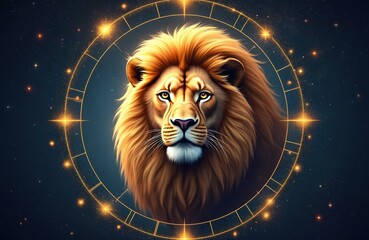 Zodiac sign Leo illustration. Lion head with magic light inside star wheel against dark blue starry night sky. Astrology, horoscope themes, cosmic fantasy, esoteric, mystic concepts. Astrological