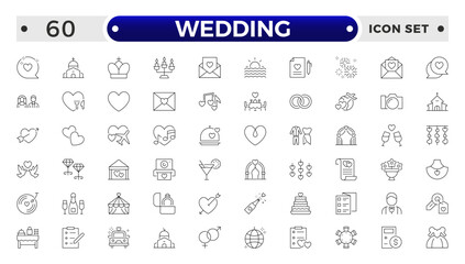Wedding and marriage Outline icon collection. Newlyweds' holiday, wedding, love. Bride, groom, lovers, wedding rings, wedding car, cake, wedding service  wedding vows, flower, wedding planner.