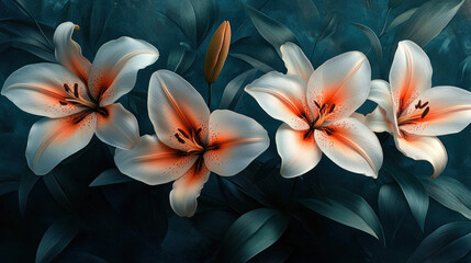 Obraz premium Floral wallpaper of delicate lilies in soft pastel shades floating on a dark teal background