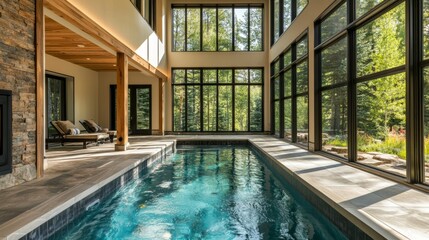 Obraz premium Serene Indoor Pool Surrounded by Large Windows and Natural Light