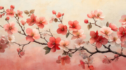 Floral wallpaper with delicate cherry blossoms drifting on a gradient pink-to-white background