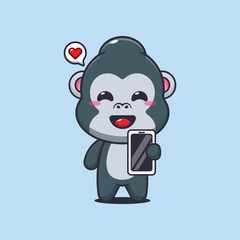 gorilla mascot cartoon character vector illustration with mobile phone