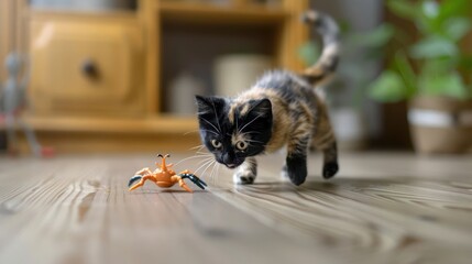 A playful kitten approaches a toy crab on a wooden floor, showcasing curiosity and playfulness.