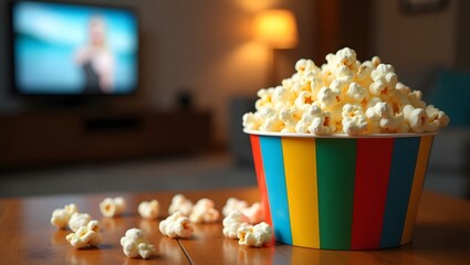 a colorful, striped bucket/bowl filled to the brim with fluffy, white popcorn