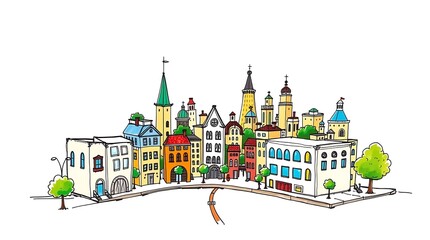 Naklejka premium Adorable Hand-Drawn Sketch of a Charming City with Cute Buildings, Streets, and Playful Urban Details