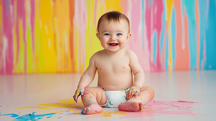 笑顔でペイント遊びを楽しむ赤ちゃん