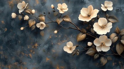 Floral wallpaper with trailing ivy and small white blossoms over a charcoal gray background