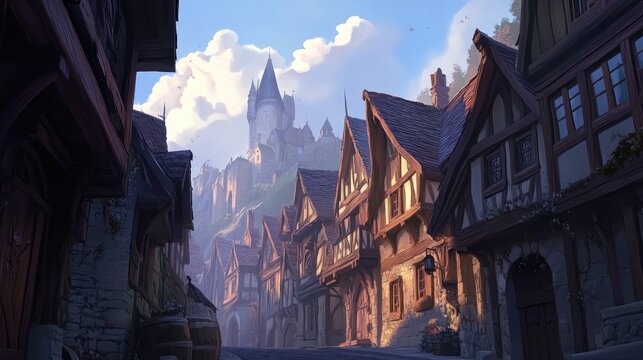 A medieval fantasy town street with half-timbered houses, warm sunlight, and a grand castle in the background, creating a storybook-like setting. Ideal for fantasy-themed projects and world-building