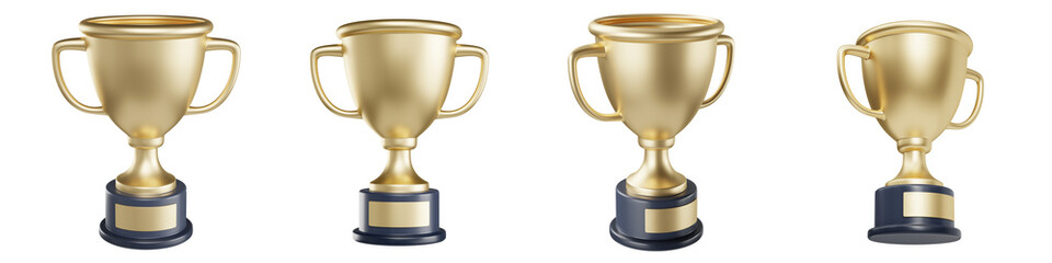 Set of Winners Trophy Golden Award Cup, Rewards Winning Cup 3d illustration isolated on transparent background