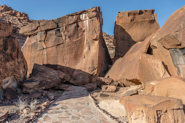 big sandstone rocks looming over path, near Twyfelfontein, Namibia
