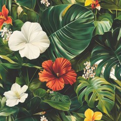 Fototapeta premium A hand-drawn vintage rainforest wallpaper design featuring giant monstera leaves, hibiscus, and exotic wildflowers, arranged in a harmonious and balanced composition