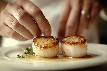 Chef delicately placing pan-seared scallops on a plate, glistening with butter sauce.