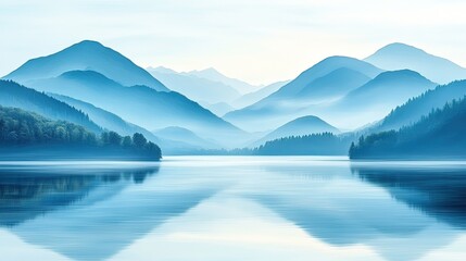 Misty Blue Mountain Lake Landscape