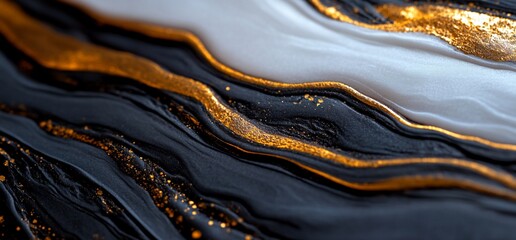 Opulent flow of liquid gold intertwining with dark waves and subtle pearl