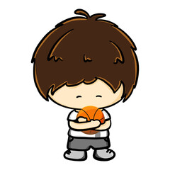Little boy holding basketball cartoon illustration, cute sporty boy and basketball color drawing
