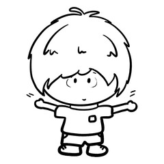 Little boy opens arms outline drawing, outstretched arms kid cartoon doodle illustration