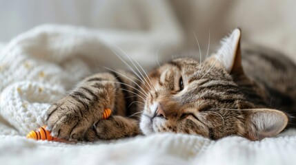 A sleeping tabby cat curled up on a cozy blanket with a small toy.