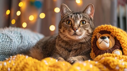 A cozy cat resting on a blanket with a lion toy and warm lights in the background.