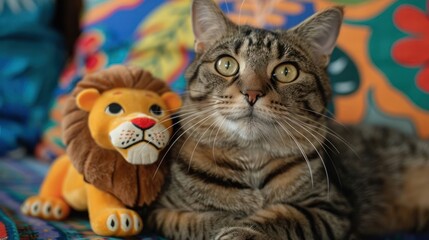A tabby cat poses next to a plush lion toy on a colorful couch.