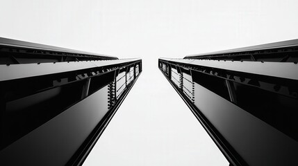 A minimalist black-and-white capture of a roller coaster's steep drop, with the rails and supports forming bold geometric shapes against a plain sky