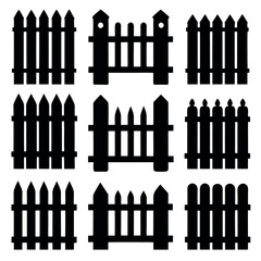 Vector Set of Simple Black and White Wooden Fences and Gates