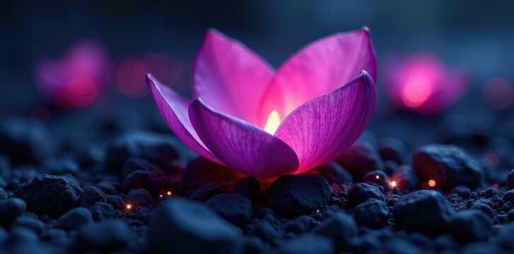 Glowing purple petals unfolding from a bed of ashes, ash, wave