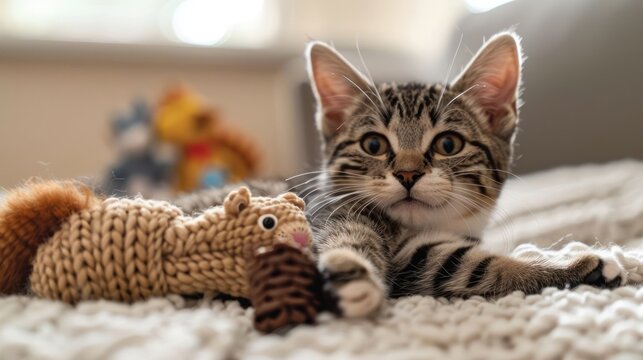 A playful kitten lounging with a knitted toy on a cozy blanket.
