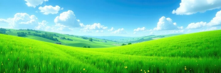 Fototapeta premium Blue sky with green crops growing on a hillside, nature, agriculture