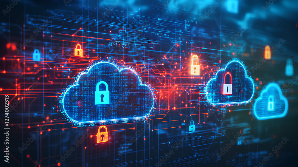 Poster vibrant and modern digital security icons in the shape of clouds with lock symbols representing data