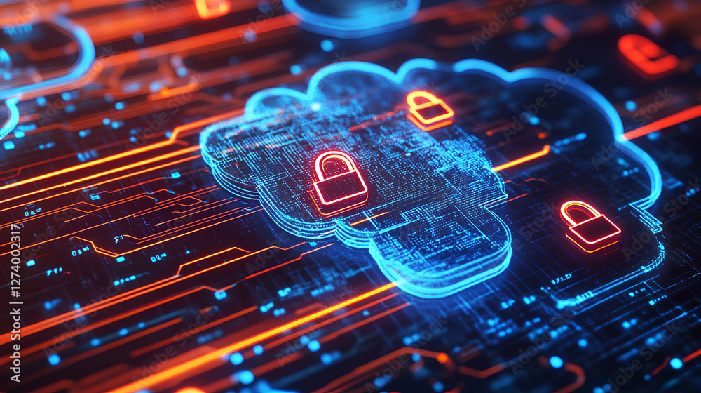 Poster vibrant and modern digital security icons in the shape of clouds with lock symbols representing data