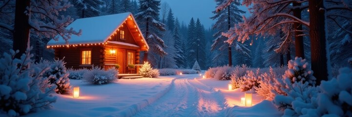 A winding path through a snowy garden lined with festive lights and lanterns leads to a cozy cabin, peaceful, cabin