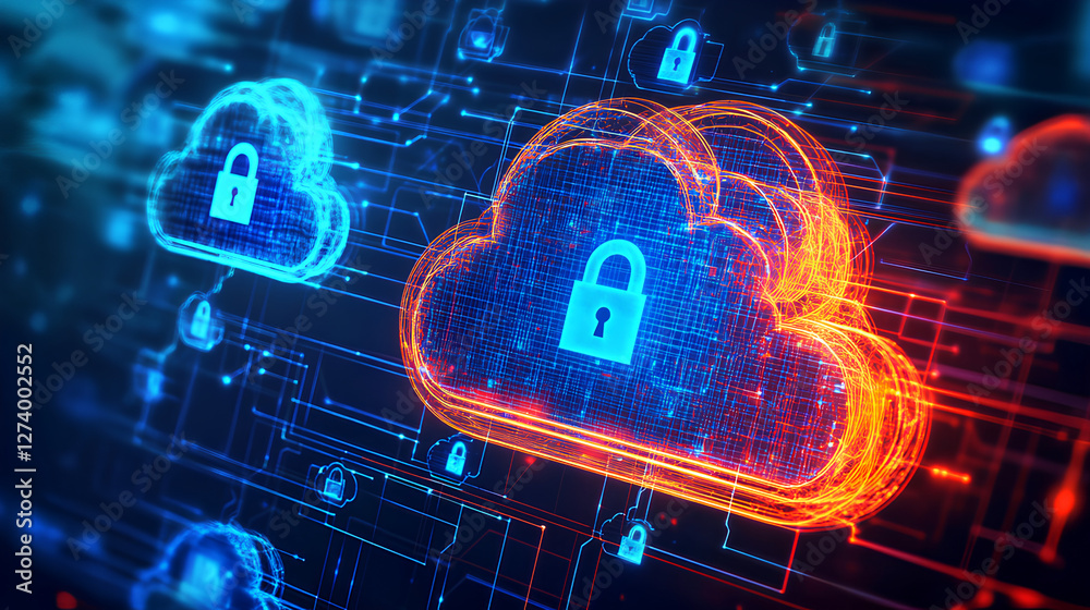 Poster vibrant and modern digital security icons in the shape of clouds with lock symbols representing data