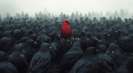 Obraz premium Contrast of a Vibrant Red Bird Among Dark Feathers in the Fog