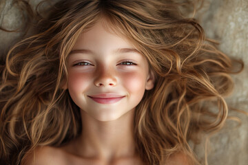 Fototapeta premium smiling girl with long wavy light brown hair. She is lying on her back, and her hair is beautifully arranged around her head, creating an effect of airiness and lightness. 