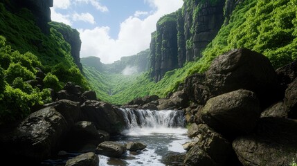 Lush green valley with a waterfall cascading over rocks under a bright blue sky