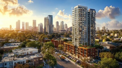 Naklejka premium Sunset Cityscape: Modern Highrise and Lowrise Buildings, Lush Greenery, Warm Golden Hour Light