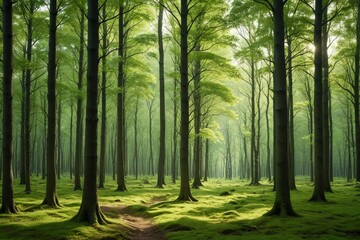 Obraz premium a close up of a path in a forest with moss on the ground