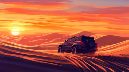 Fototapeta premium 砂漠の冒険 – 夕焼けに染まるオフロードSUV