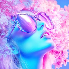 Neon portrait of a woman with pink flowers and reflective sunglasses.  Vibrant colors and a dreamy aesthetic.