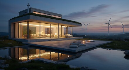 Obraz premium Eco-Modern House with Green Roof Wind Turbines in Nature Setting