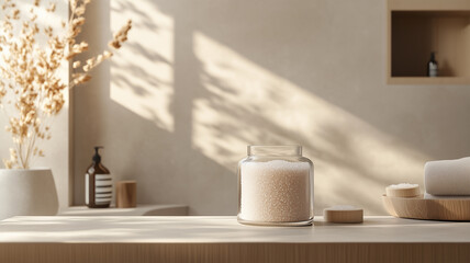 シンプルで落ち着いたバスルームに置かれたオーガニックバスソルト