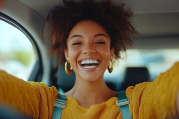 Overjoyed woman sitting in her own car and showing driver license, celebrating passed exam, driving school finish, sitting inside of vehicle