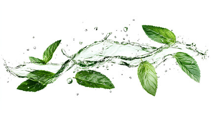 water splash with green tea or mint leaves isolated on white background. Abstract liquid wave curve fluid flow with leaf for menthol drink or mouthwash Ad banner