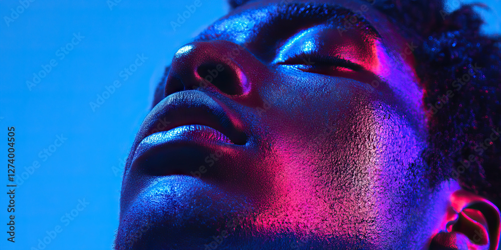 Wall mural Close-up Portrait: Face Illuminated by Blue and Pink Light